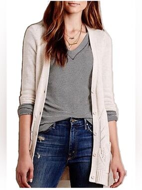 Elin Pointelle Cardigan Anthro Moth Cashmere blend M medium cream ivory offwhite